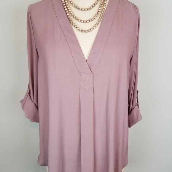 Lush Chiffon V Neck Roll Tab 3/4 Sleeve Mauve Blouse Ladies Size Medium - Picture 4 of 9